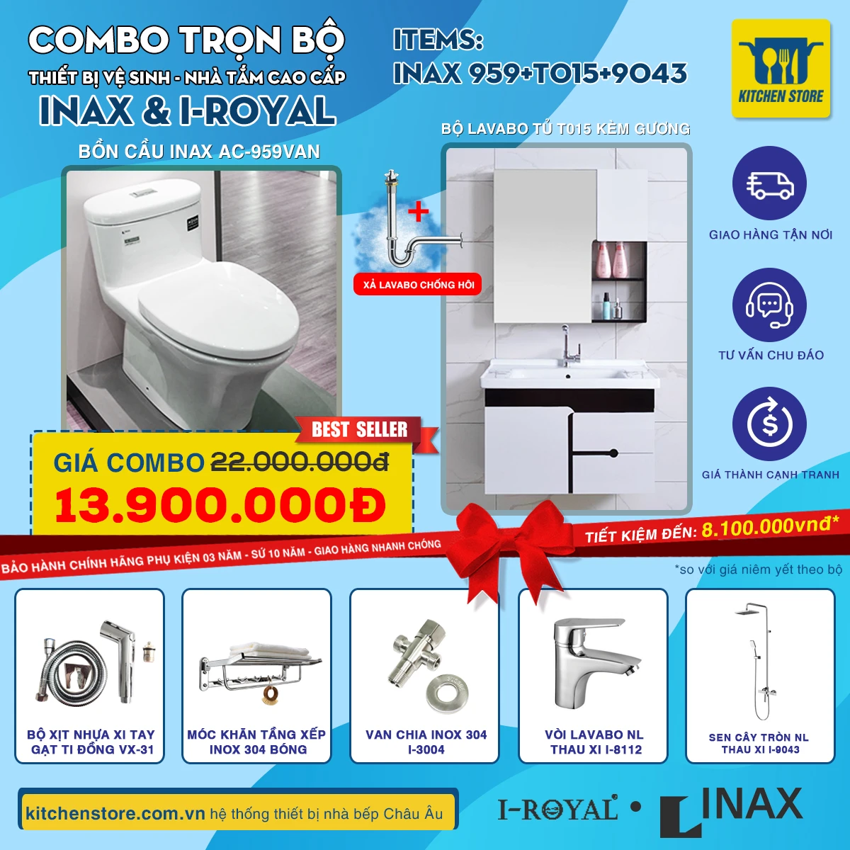 Combo nhà tắm Inax AC-959VN + 9043 + T015