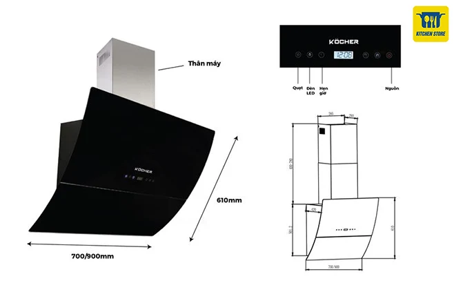 kich thước máy hút mùi Kocher K-2080E