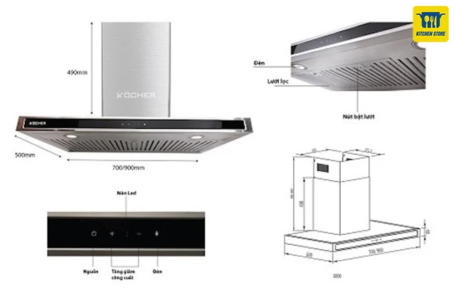 Kích thước máy hút mùi kocher k-225d-90cm